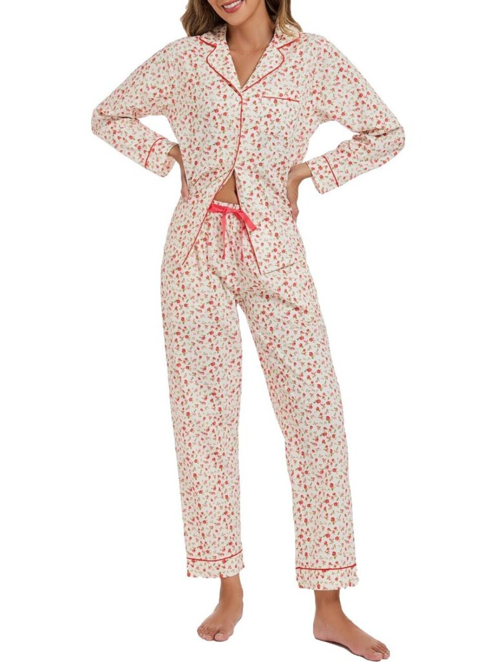 Cozy 100% Cotton Women's Pajama Set - Lightweight Long Sleeve Button-Up